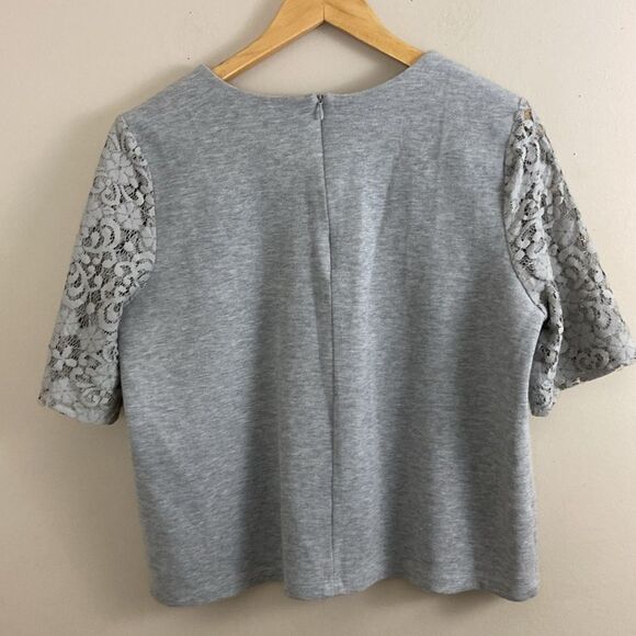 Loft Grey Lace Short Sleeve Crewneck Sweatshirt size Large Feminine Twee Casual - Picture 2 of 9